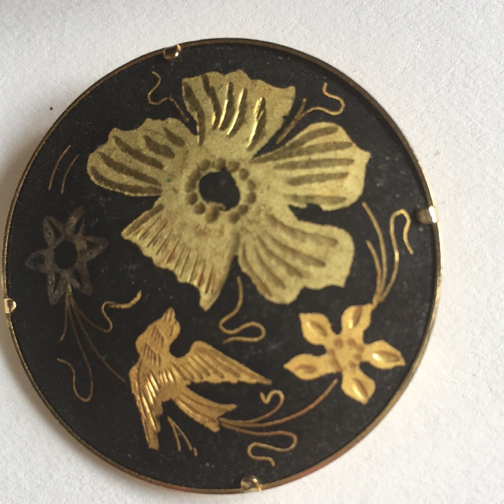 Vintage Floral Enamel Pin .Black/Gold.